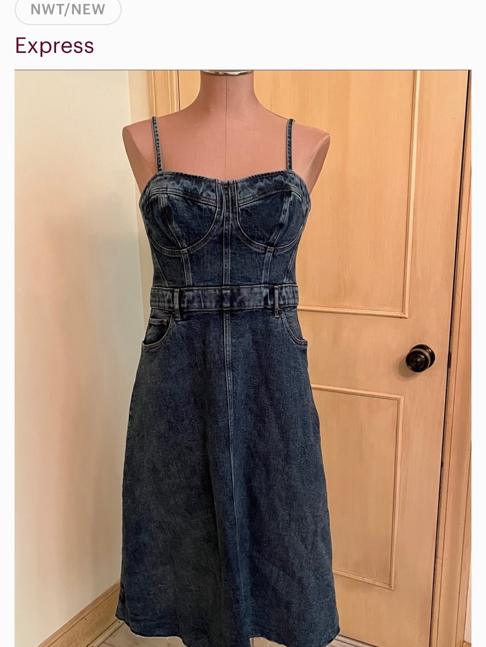 Express Dark Blue Denim Midi Pinafore Dress with Belt
